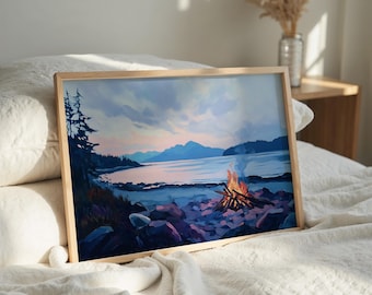 Campfire Print | Tofino Beach Print | Beach Bonfire at Night | Printable Camping Scene Artwork | Vancouver Island Hiking Print | Surf Style