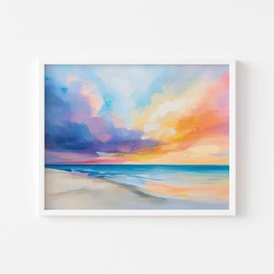 Impresión de amanecer en el océano pastel / Arte de pared con cielo naranja al atardecer / Pintura imprimible de atardecer marino / Decoración de casa de playa de verano / Arte de baño costero