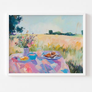 Summer Picnic Art Print | Peaceful Countryside Landscape | Printable Meadow Art | Romantic Prints | Floral Wall Art | Pink and Yellow Print