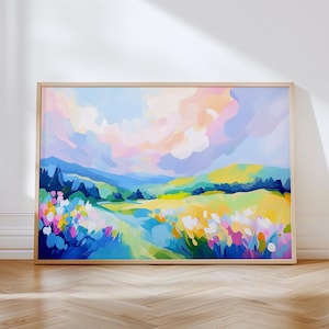 Colorful Countryside Landscape Print | Bright Wall Art | Printable Nature Art | Vibrant Art Print | Pastoral Landscape | Grassland Art Print