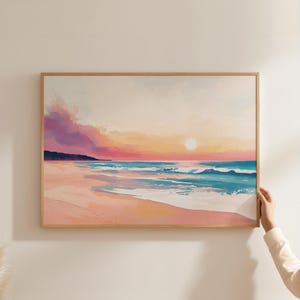 Sunset Beach-print | Golven op strand-print | Esthetisch pastelkleurig surfdecor | Afdrukbare strandlandschapsafdruk | Oceaangolven | Print met zonsopgang aan de kust