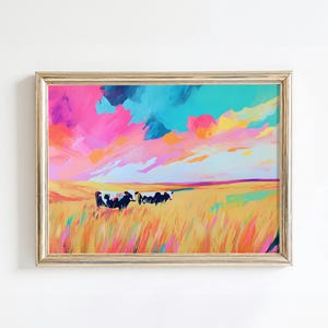 Dairy Cows Art Print | Colorful Farm Landscape | Cow Painting | Printable Farmhouse Wall Art | Farm Animal Print | Rural Scene Wall Art