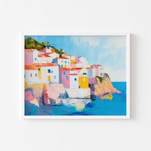 Lámina artística colorida de la costa italiana / Lámina de un pueblo costero / Póster imprimible de viajes por el Mediterráneo / Arte mural de casas costeras coloridas