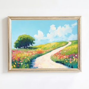 May include: A framed landscape painting depicts a sunny meadow with a winding path. The sky is a bright blue with fluffy white clouds. A large green tree sits on a hill, and colorful wildflowers line the path.