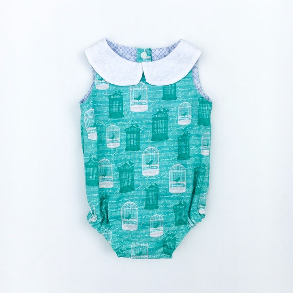 Aqua and White Bird Cage Romper