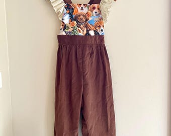 Puppy Feature Chocolate Cord Overalls with vintage lace flutter straps