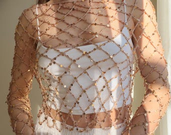 Shiny Mesh Top Crochet Pattern with Sequin Yarn - Sparkling Crochet Mesh Top Pattern -Summer Lacy Top - Beach Top - Tutorial with photos