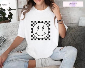 Retro Checkered Smile Face Shirt, Happy Smiley Tee