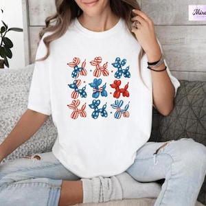 Patriotic Dog Balloon Shirt, Coquette 4th of July Shirt, USA Flag Animal Tee, American Flag Tee, Cute Balloon Animal Shirt, Dog Lover Shirt