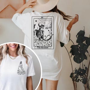 The Reader Tarot Card Front And Back Printing Shirt, Skeleton Reading Shirt, Book Lover Gift For Women Tee, Book Lover Tee, Tarot Card Shirt