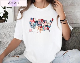 Retro USA Map Shirt, Floral America, Independence Day Tee