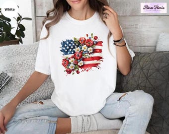Floral American Flag Shirt, 4th of July Shirt, Independence Day Shirt, Patriotic Shirt, USA Flag Shirt, Gift for Her, Fourth of July Tee