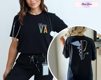May include: Black t-shirt with the text "Olivia VA" on the front and a veterinary assistant symbol on the back. The symbol is a caduceus with a stethoscope and the text "Veterinary Assistant".