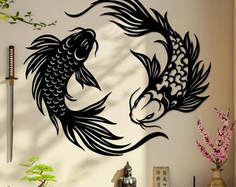 Decoración de pared de metal con peces koi, decoración zen japonesa, decoración de pared japonesa, decoración de peces koi, decoración de pared zen, arte de pared de metal con peces koi, decoración de exteriores