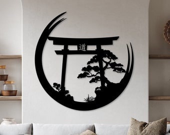 Arte de metal japonés, letrero de pared de metal con puerta Torii, letrero de metal con puerta Tori, decoración de pared con árboles bonsái, arte de pared japonés, decoración de pared japonesa
