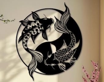 Arte de pared de metal con peces koi y yang, arte de pared con peces koi, letrero de pared de metal con yin yang, arte de pared con estudio de yoga, decoración de pared espiritual, decoración de pared de metal