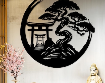 Metal Bonsai Tree Wall Decor, Japanese Torii Gate Metal Wall Art, Zen Decor, Torii Gate Wall Art, Bonsai Tree Wall Decor, Japanese Wall Art