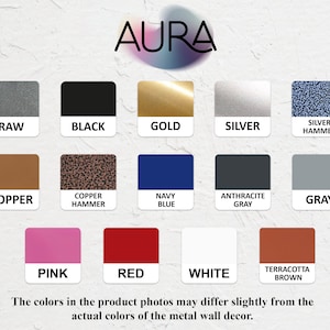 May include: A chart showing 16 different metal colors for wall decor. The colors include raw, black, gold, silver, silver hammer, copper, copper hammer, navy blue, anthracite gray, gray, pink, red, white, and terracotta brown.