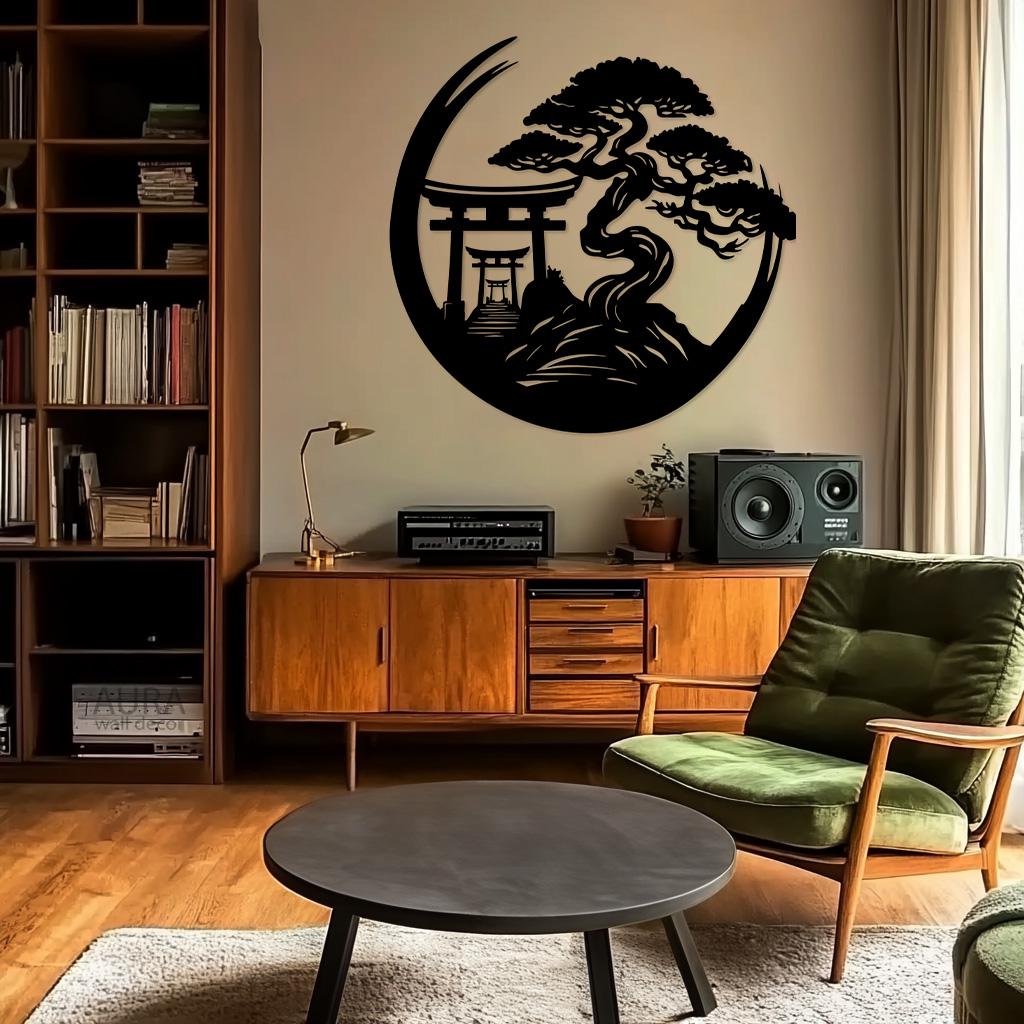 Décoration Murale Métal Bonsaï Et Porte Torii – Style Japonais – 35x29 Cm – Noir – Salon, Chambre, Bureau, Extérieur