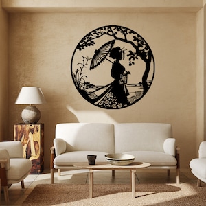 May include: Black silhouette wall art featuring a woman holding an umbrella, standing in a garden setting. The art is circular and has a detailed design.