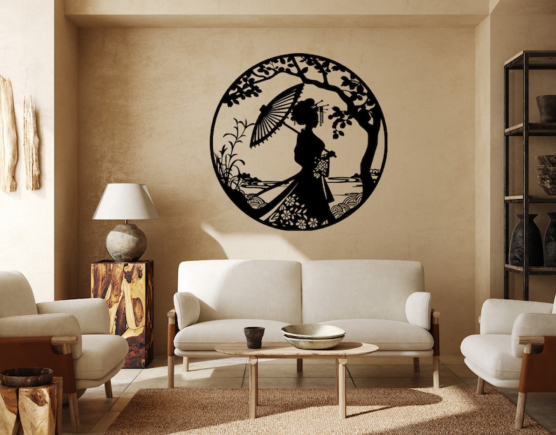 May include: Black silhouette wall art featuring a woman holding an umbrella, standing in a garden setting. The art is circular and has a detailed design.