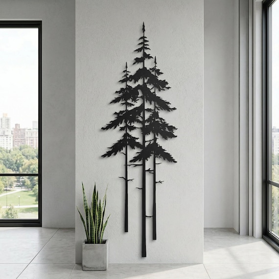 Wispy Pine Tree Metal Wall Art, Tree Branch Wall Art, Cedar Tree Sign, Above Fireplace Art, Fireplace Wall Art, Mountain Cabin Decor
