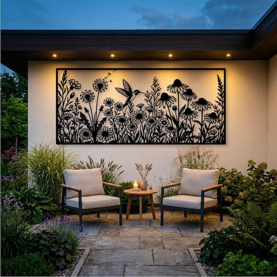 Wildflower Metal Wall Art, Flowers Outdoor Wall Decor, Butterfly Garden Wall Decor, Hummingbird Wall Art, Large Outdoor Patio Decor