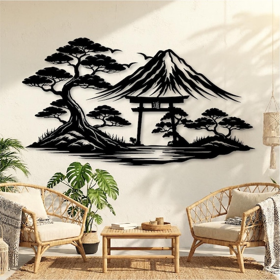Japanese Metal Sign, Fuji Mountain Sign, Tori Gate Sign, Japanese Outdoor Wall Art, Bonsai Tree Wall Decor