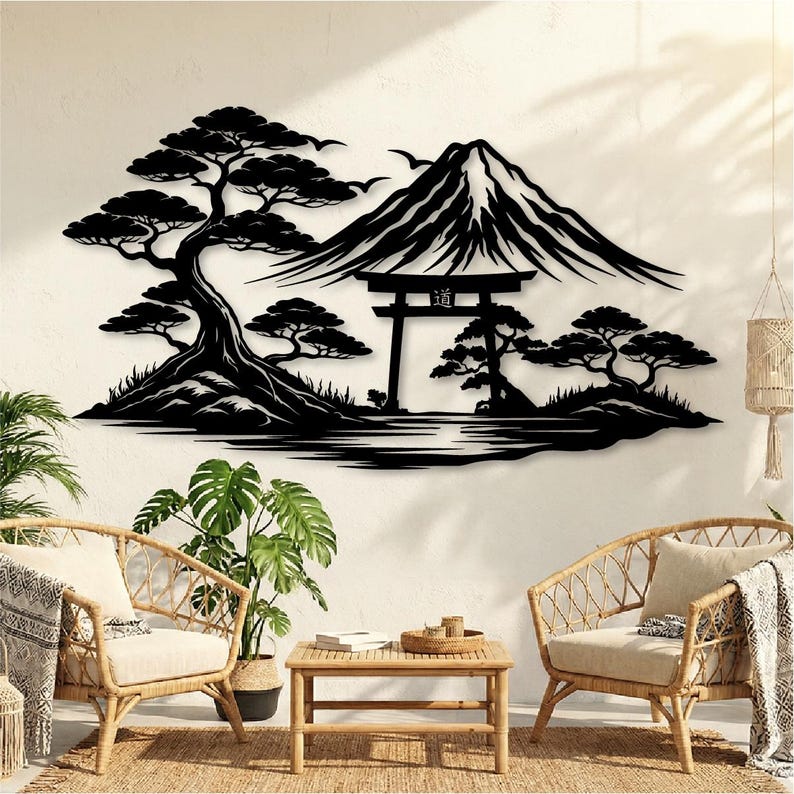 May include: Black metal wall art depicting a Japanese landscape with Mount Fuji, trees, a torii gate, and birds. The artwork is a silhouette design, suitable for indoor or outdoor decor. The scene includes a lake or river at the base of the artwork.