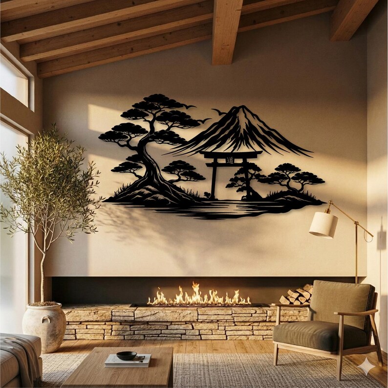 May include: Black metal wall art depicting a Japanese landscape with Mount Fuji, trees, and a torii gate. The artwork is mounted on a neutral-colored wall above a fireplace, creating a serene and artistic focal point in a living space.
