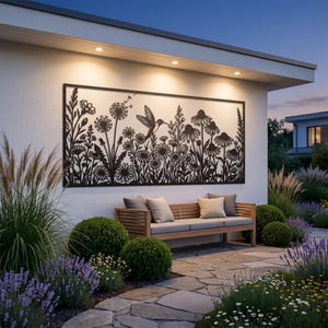 May include: A rectangular black metal wall art panel featuring a detailed laser-cut design of a hummingbird hovering among various wildflowers, dandelions, and tall grasses, mounted horizontally on a light-colored exterior wall.