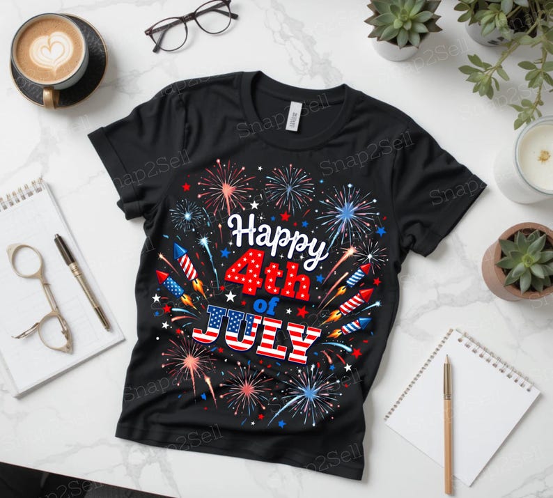 Happy 4th of July PNG, Patriotic Fireworks art, Independence Day Sublimation Design, USA Flag Shirt PNG, Digital Download image 3