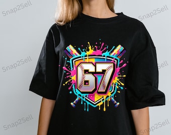 Baseball Splash Design PNG: Colorful Number 67 Sports Shield (Digital Download)