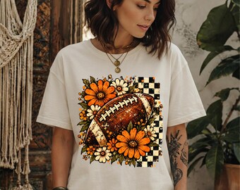 Fall Floral Football PNG, Orange Cream Flowers, Checkered Pattern (Digital Download)