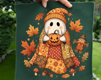 Patchwork Ghost Pumpkin PNG: Retro Halloween Sublimation Design (Digital Download)