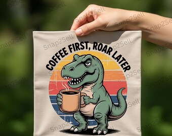 Dinosaur Coffee PNG: T-Rex with Retro Stripes (Digital Download)