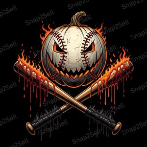 May include: A Halloween-themed graphic featuring a baseball-pumpkin hybrid with a carved face, surrounded by flames. Two crossed baseball bats, dripping with a red substance, complete the design against a black background.