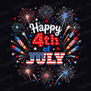 May include: A graphic design on a black background featuring the text Happy 4th of JULY in white, red, and blue. The number 4 is red with white stars. The word JULY features a red and white striped pattern with a blue star-spangled field.
