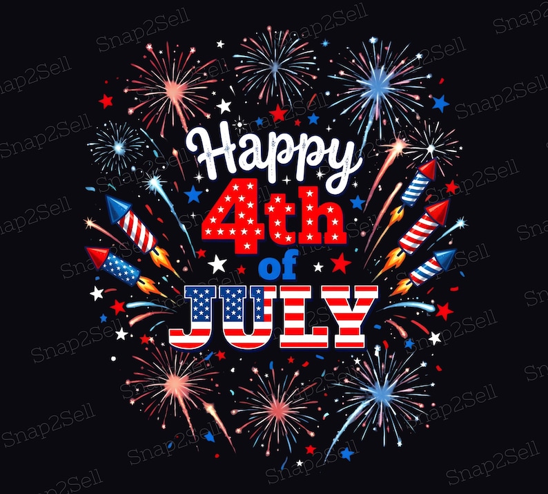 May include: A graphic design on a black background featuring the text Happy 4th of JULY in white, red, and blue. The number 4 is red with white stars. The word JULY features a red and white striped pattern with a blue star-spangled field.