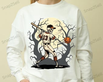 Skeleton Baseball Player Halloween PNG: Spooky Pumpkin Bat Swing (Digital Download)
