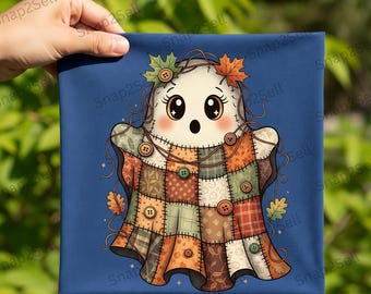 Patchwork Quilt Ghost PNG: Rustic Halloween Sublimation (Digital Download