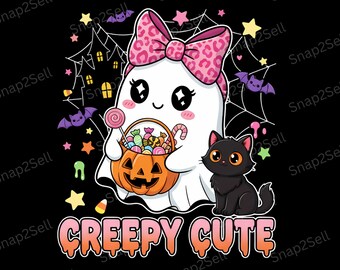 Creepy Halloween Ghost PNG, Black Cat, Pumpkin Candy (Digital Download)