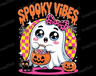 Spooky Vibes Ghost PNG, Halloween Candy Pumpkin & Cat (Digital Download)