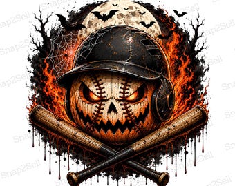 Spooky Pumpkin Baseball PNG, Halloween Horror Design (Digital Download)