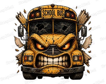 Angry School Bus Mascot PNG, Vintage Cracked Design (Digital Download)