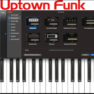 May include: A black digital keyboard with a screen displaying a list of different keyboard presets, including "Keyboard", "Tinewheel Organ", "Keyboard & Four Bars", "Two Keyboards", "Synthesizers", "Alchemy", and "Keyboard Minimalist". The screen also has the text "Main Stage" and "A keyboard layout with instrument controls".