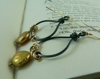 Black Silver with Antique Gold Coin Pearl Earrings