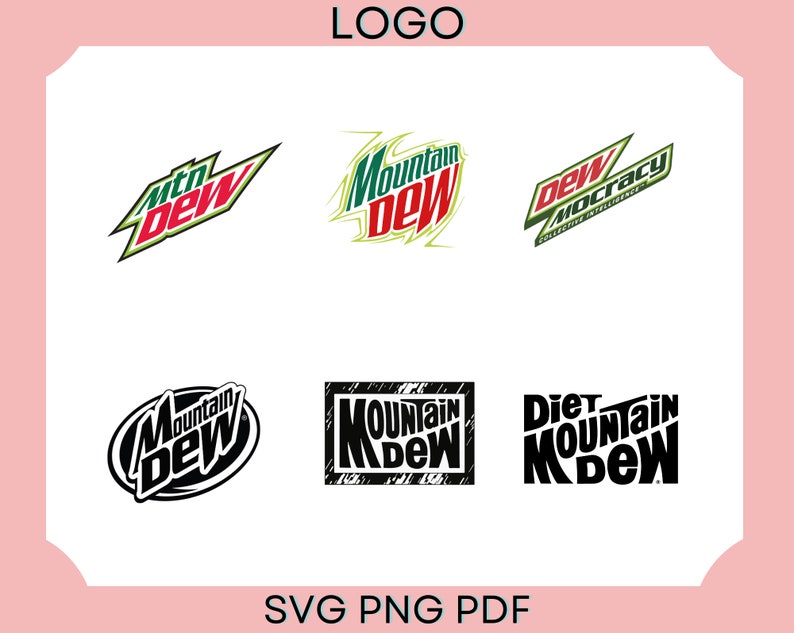 May include: A collection of six different Mountain Dew logos. The logos are in various styles, including a green and red logo with a lightning bolt, a black and white logo with a grunge effect, and a black and white logo with the words "Diet Mountain Dew".