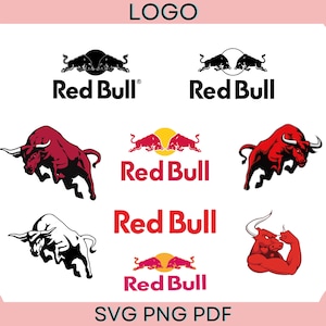 Puede incluir: Variaciones del logotipo de Red Bull con un toro rojo con cuernos, un toro negro con cuernos y un toro rojo con alas. El texto "Red Bull" se muestra en blanco, negro y rojo.