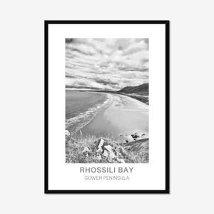 Rhossili Bay, Gower Peninsula | Black & White Framed Travel Print | Gower Poster | Wales Wall Art Decor | Gift
